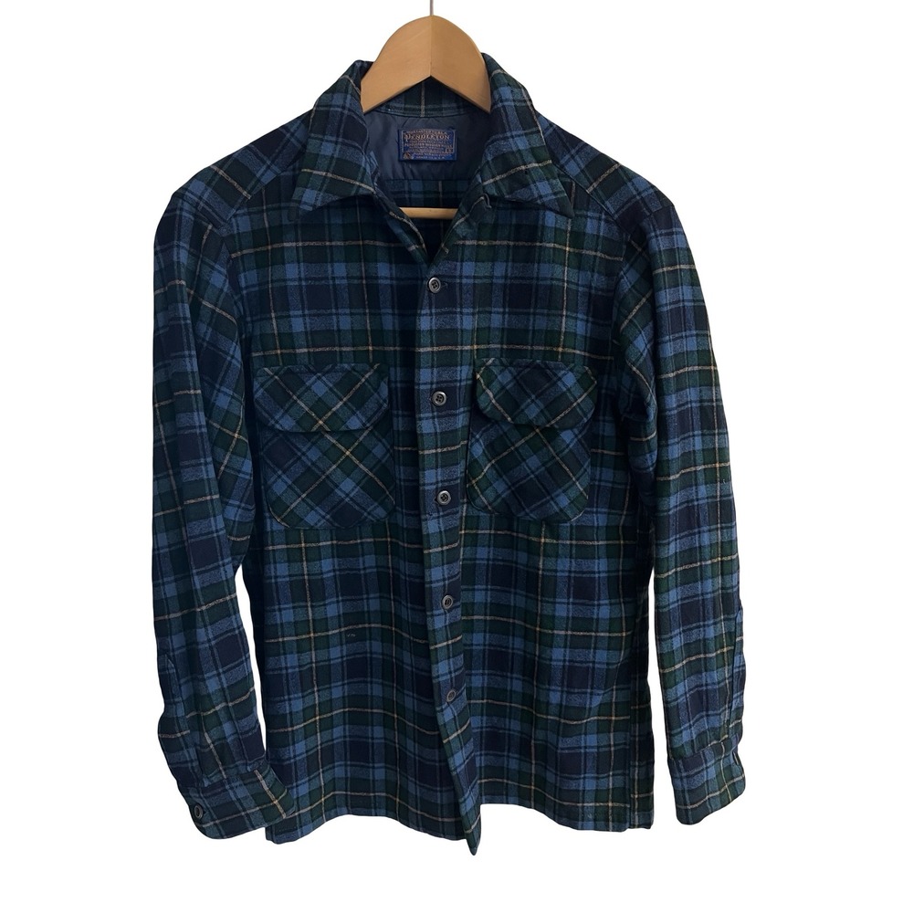 Vintage Pendleton Wool Board Shirt Mens S Blue Green Plaid USA-Made Heritage PNW